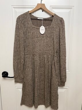 Nagooo Long Sleeve Ribbed Brown Dress